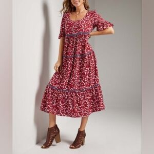 Suzanne Betro Red Ditsy Floral 3 Tier Empire Waist Ruffle Sleeve Midi Dress-1X